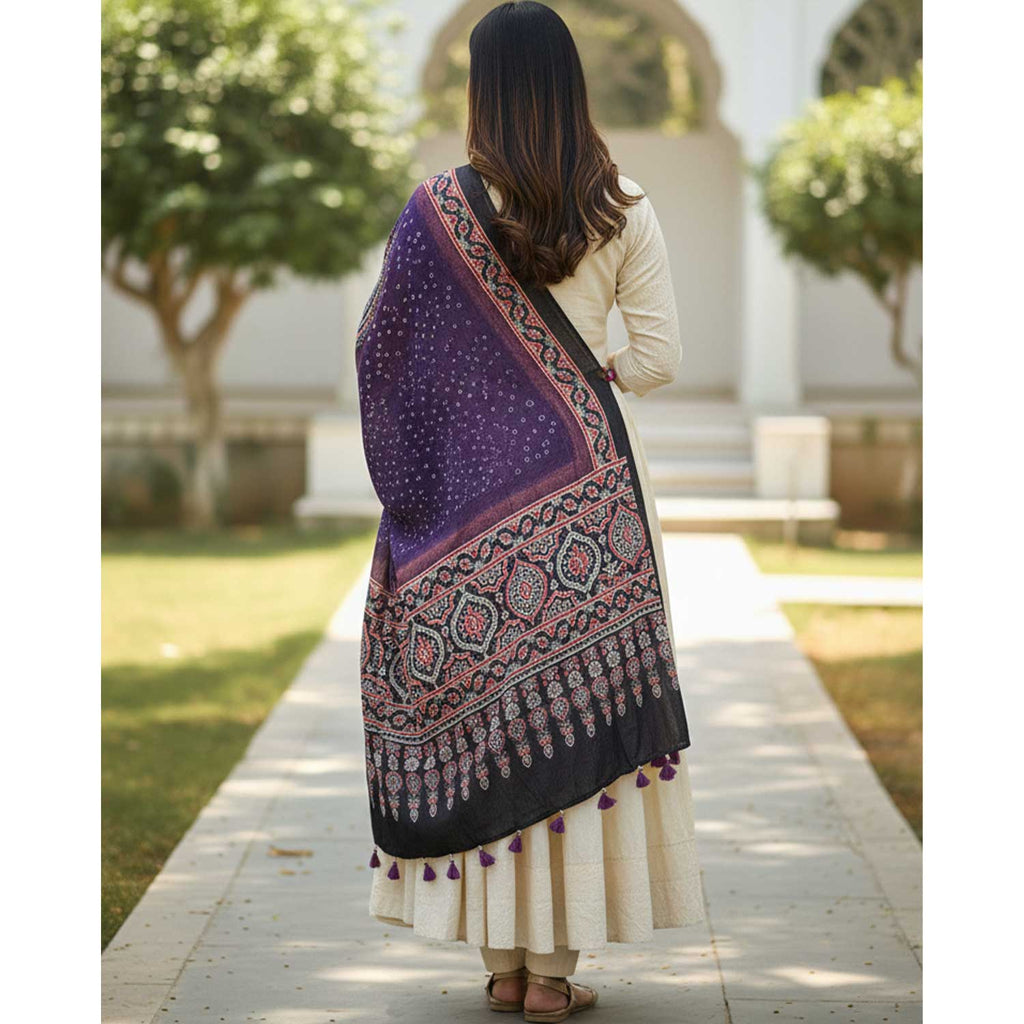 Kutch Bandhani Tie-Dye Pure Silk  Bandhani  Ajrakh Block Printing Dupatta With Zari: An Artistic Fusion of Heritage and Style