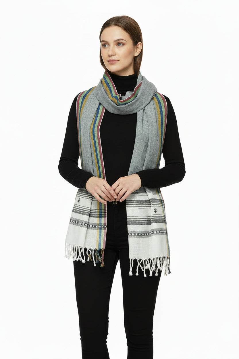 Handwoven Viscose Grey Color Kutch Bhujodi Stole with Tassels (W60cm X L210cm)
