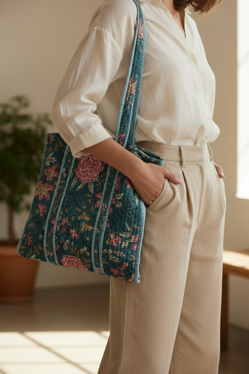 Person holding a blue floral-patterned bag indoors