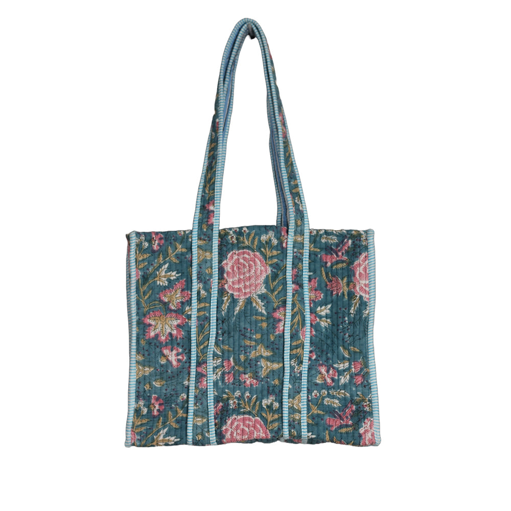 Handmade Block Print Cotton Quilted Tote Bag – Teal Floral