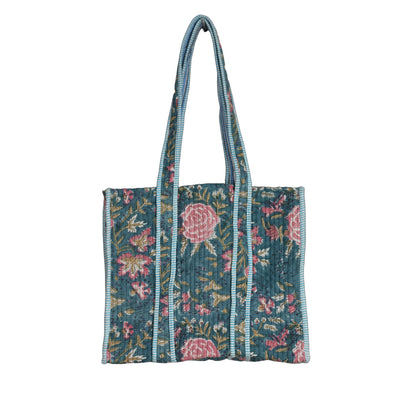 Handmade Block Print Cotton Quilted Tote Bag – Teal Floral