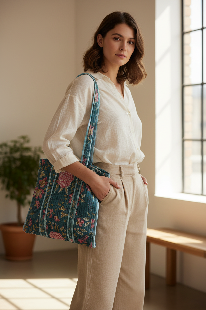 Woman holding a blue floral bag in a room with a window and plant.