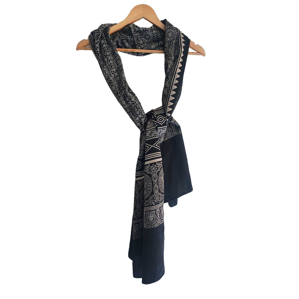 Ajrakh Hand Block Print Black Color Viscose Stole | Traditional Geometric Print | L220 X W55 cm