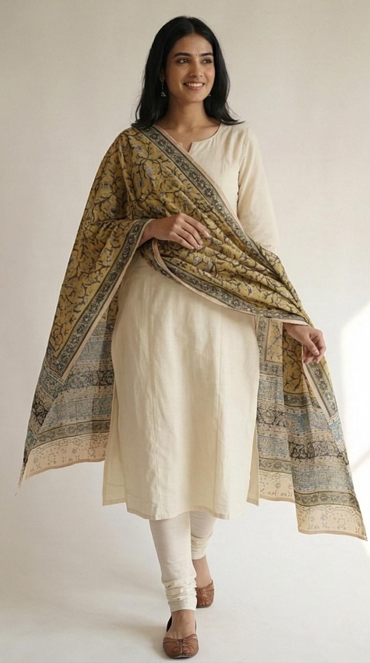 Mustard Yellow & Indigo Hand Block Printed Kalamkari Cotton Dupatta