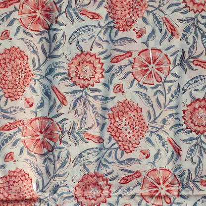 Sanganeri Hand Block Print Cotton Fabric – Coral Floral on Ivory