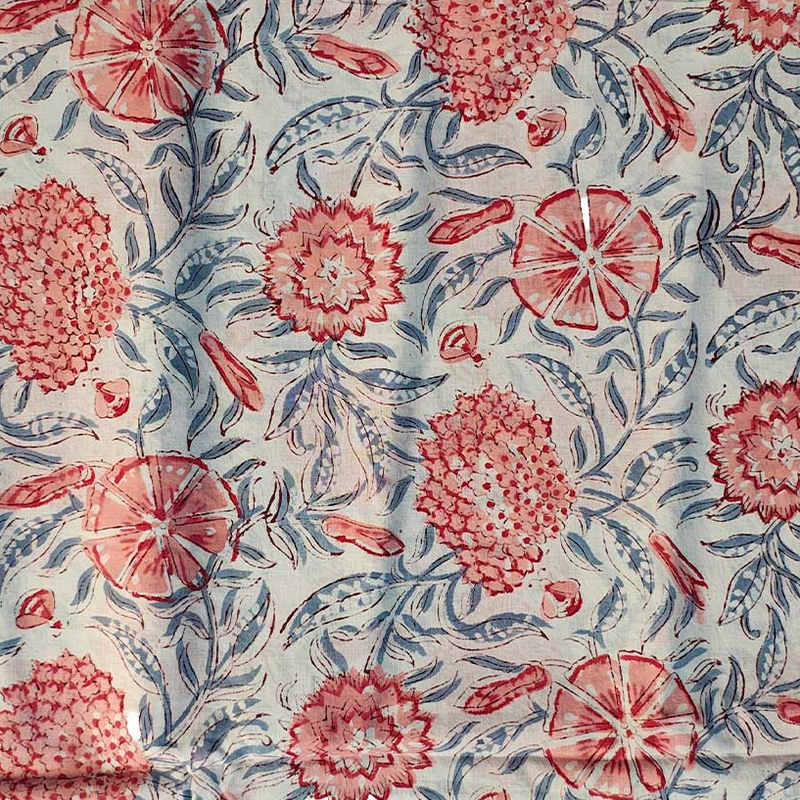 Sanganeri Hand Block Print Cotton Fabric – Coral Floral on Ivory