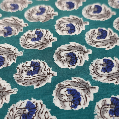 Sanganeri Hand Block Print Cotton Fabric – Teal Paisley Medallion