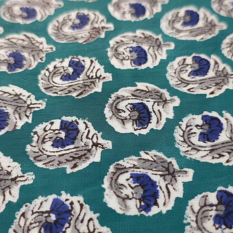 Sanganeri Hand Block Print Cotton Fabric – Teal Paisley Medallion