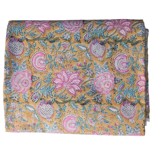 Sanganeri Hand Block Print Cotton Fabric – Golden Floral Bouquet