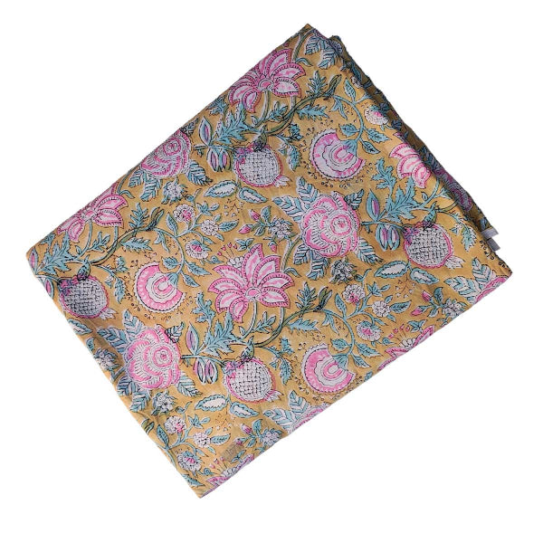 Sanganeri Hand Block Print Cotton Fabric – Golden Floral Bouquet