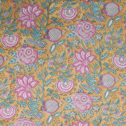 Sanganeri Hand Block Print Cotton Fabric – Golden Floral Bouquet