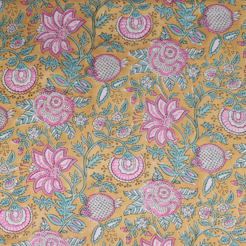 Sanganeri Hand Block Print Cotton Fabric – Golden Floral Bouquet