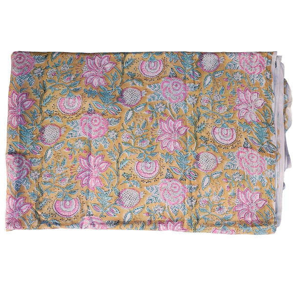 Sanganeri Hand Block Print Cotton Fabric – Golden Floral Bouquet
