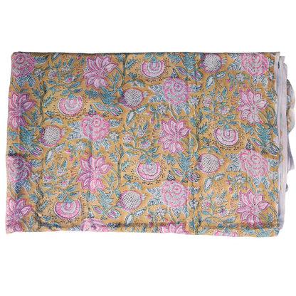 Sanganeri Hand Block Print Cotton Fabric – Golden Floral Bouquet
