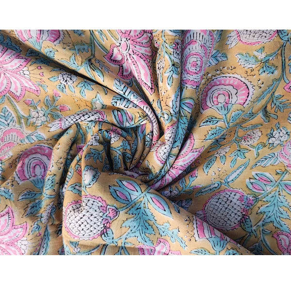 Sanganeri Hand Block Print Cotton Fabric – Golden Floral Bouquet