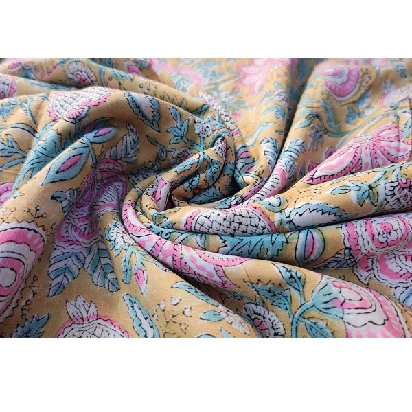 Sanganeri Hand Block Print Cotton Fabric – Golden Floral Bouquet