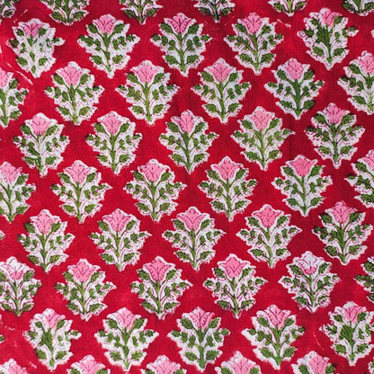 Sanganeri Hand Block Print Cotton Fabric – Red Floral Trellis