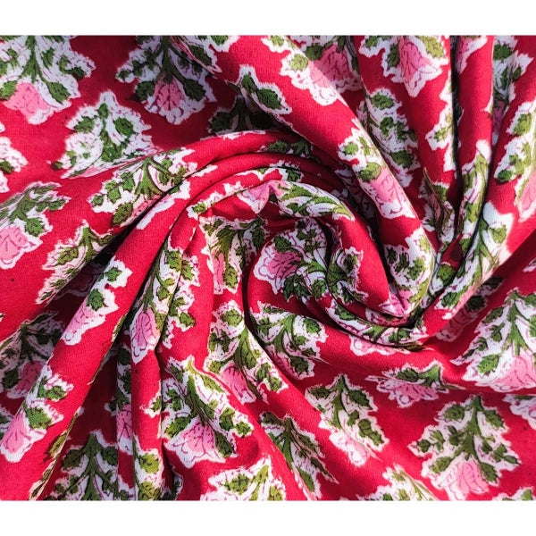 Sanganeri Hand Block Print Cotton Fabric – Red Floral Trellis
