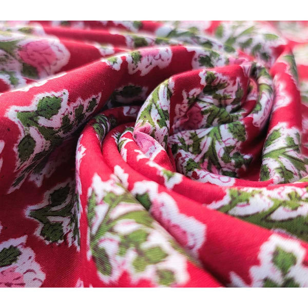 Sanganeri Hand Block Print Cotton Fabric – Red Floral Trellis