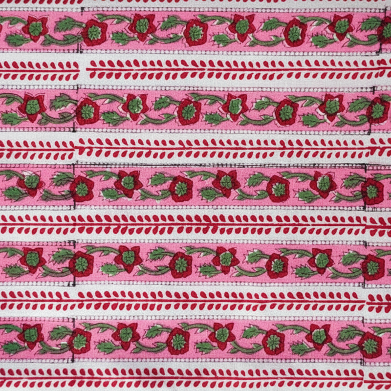 Sanganeri Hand Block Print Cotton Fabric – Pink Floral Stripe