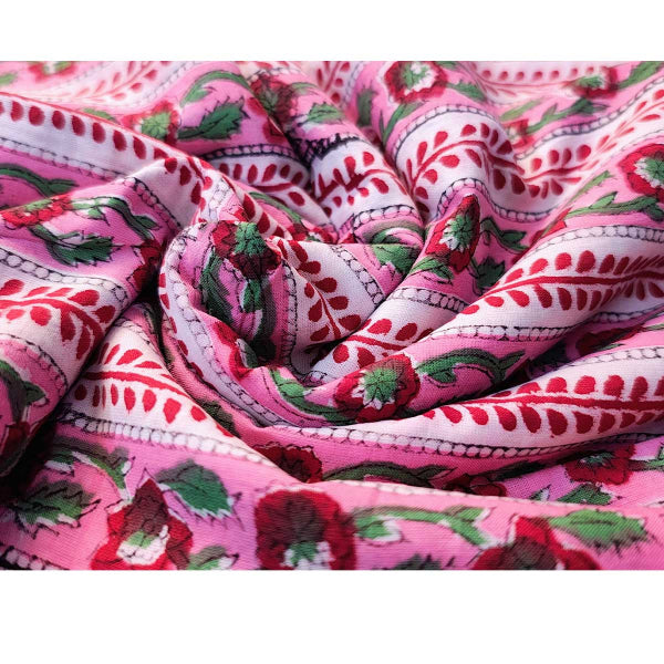 Sanganeri Hand Block Print Cotton Fabric – Pink Floral Stripe