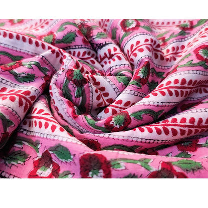 Sanganeri Hand Block Print Cotton Fabric – Pink Floral Stripe