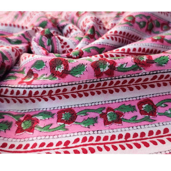 Sanganeri Hand Block Print Cotton Fabric – Pink Floral Stripe