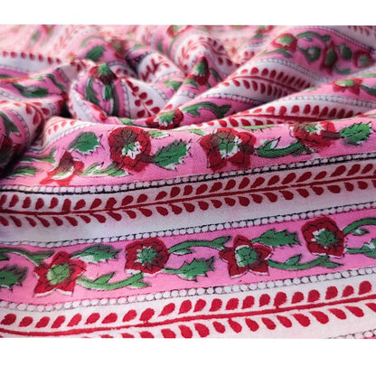 Sanganeri Hand Block Print Cotton Fabric – Pink Floral Stripe