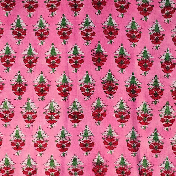 Sanganeri Hand Block Print Cotton Fabric – Pink Floral Booti