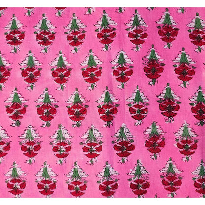Sanganeri Hand Block Print Cotton Fabric – Pink Floral Booti