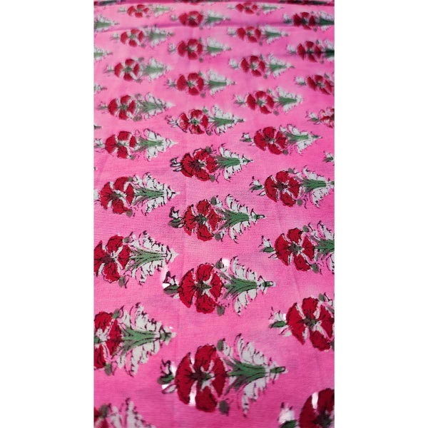 Sanganeri Hand Block Print Cotton Fabric – Pink Floral Booti