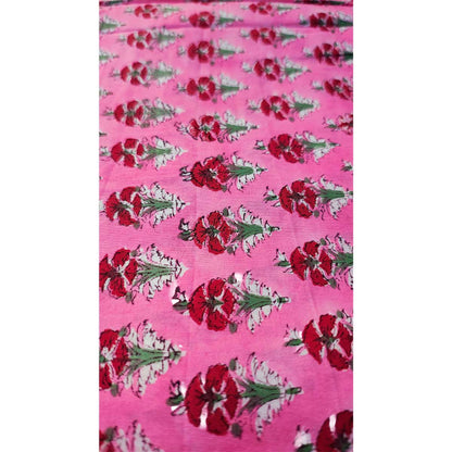 Sanganeri Hand Block Print Cotton Fabric – Pink Floral Booti