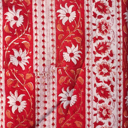 Sanganeri Hand Block Print Cotton Fabric – Red Floral Vine Stripe