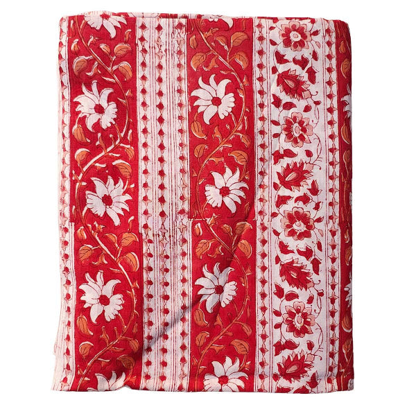 Sanganeri Hand Block Print Cotton Fabric – Red Floral Vine Stripe