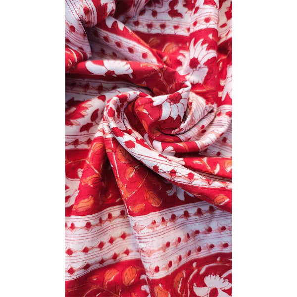 Sanganeri Hand Block Print Cotton Fabric – Red Floral Vine Stripe