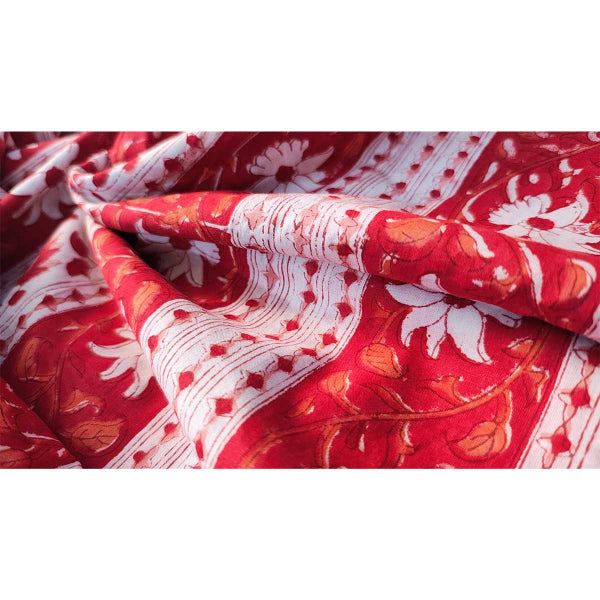 Sanganeri Hand Block Print Cotton Fabric – Red Floral Vine Stripe