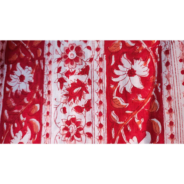 Sanganeri Hand Block Print Cotton Fabric – Red Floral Vine Stripe