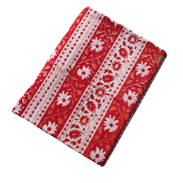 Sanganeri Hand Block Print Cotton Fabric – Red Floral Vine Stripe