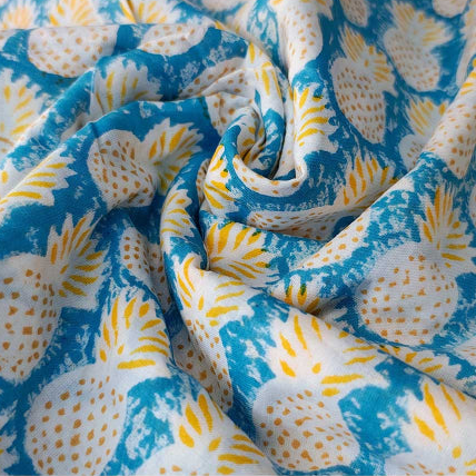 Sanganeri Hand Block Print Cotton Fabric – Light Blue Pineapple Motifs