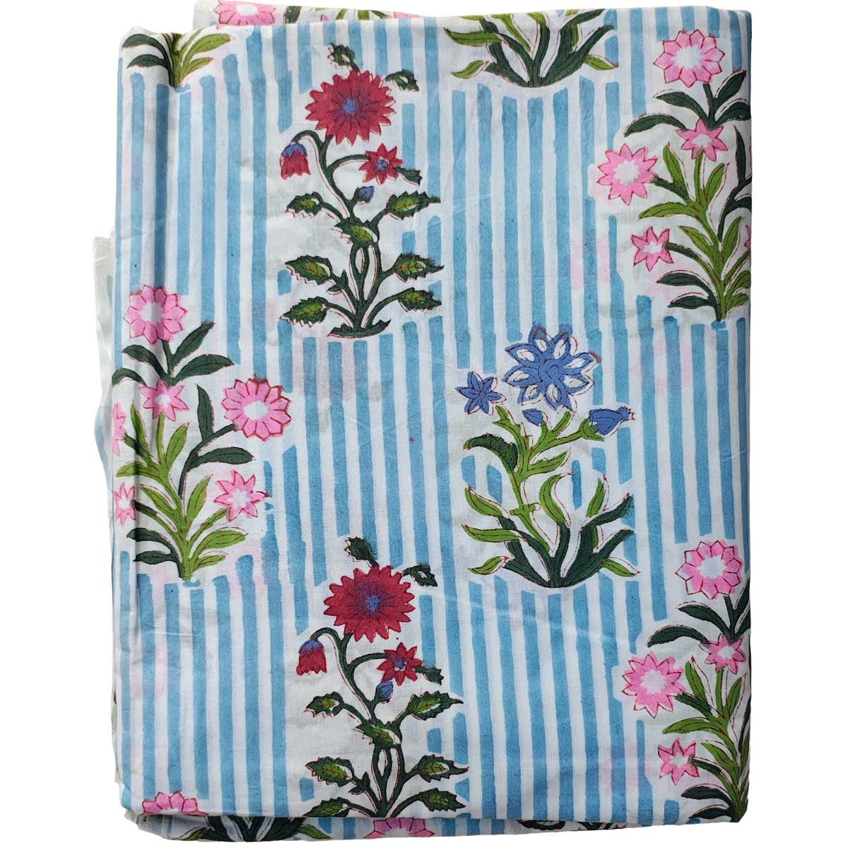 Floral and striped fabric with pink flowers and green leaves on a blue and white striped background