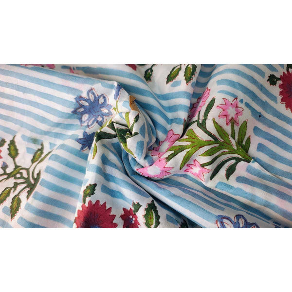 Handmade Bagru Print Textile – Blue And White Floral Cotton Material