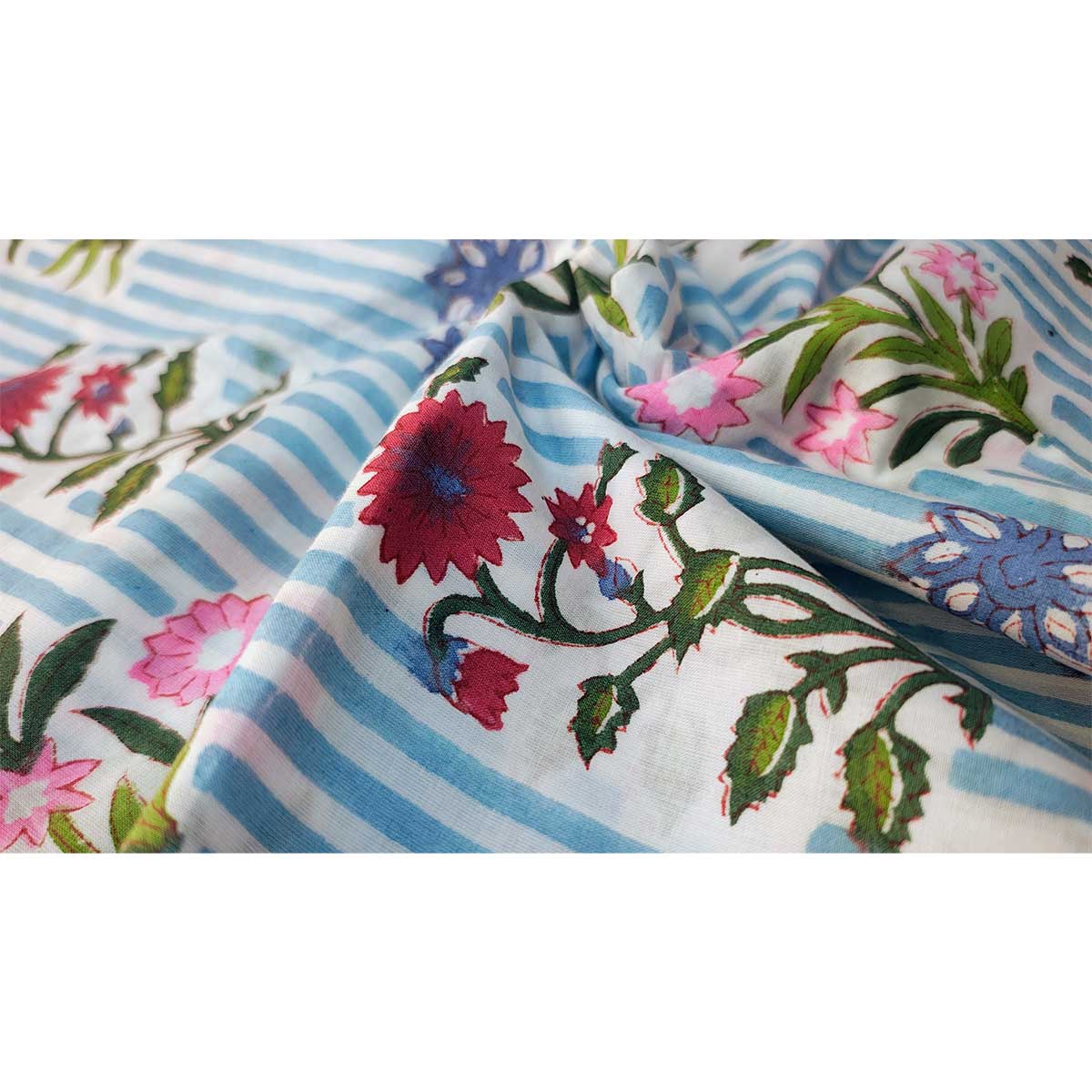 Handmade Bagru Print Textile – Blue And White Floral Cotton Material
