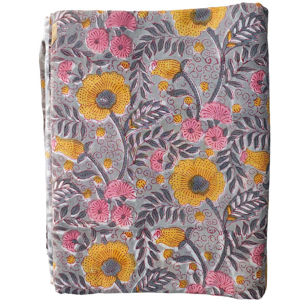 Sanganeri Hand Block Print Cotton Fabric – Grey And Yellow Floral