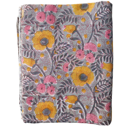 Sanganeri Hand Block Print Cotton Fabric – Grey And Yellow Floral