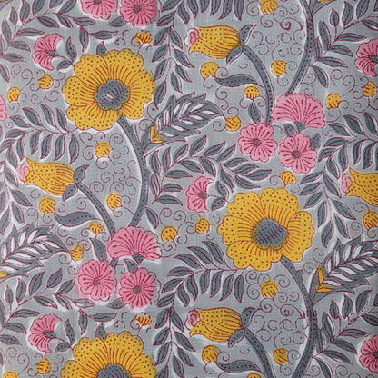 Sanganeri Hand Block Print Cotton Fabric – Grey And Yellow Floral