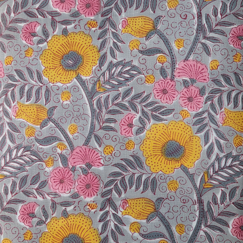 Sanganeri Hand Block Print Cotton Fabric – Grey And Yellow Floral