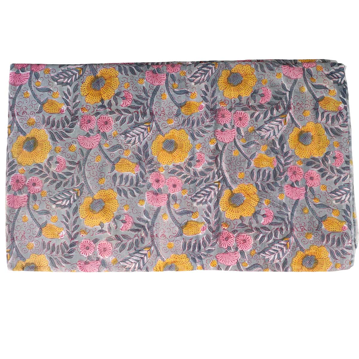 Handmade Bagru Print Textile –Grey And Yellow Floral Cotton Material