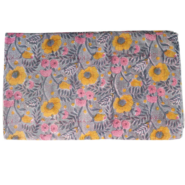 Handmade Bagru Print Textile –Grey And Yellow Floral Cotton Material