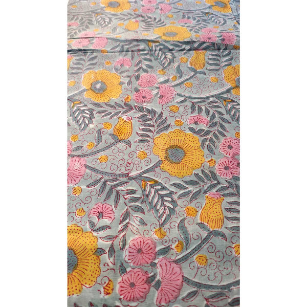 Handmade Bagru Print Textile –Grey And Yellow Floral Cotton Material