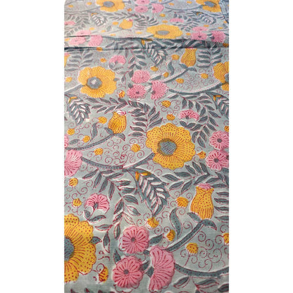Sanganeri Hand Block Print Cotton Fabric – Grey And Yellow Floral